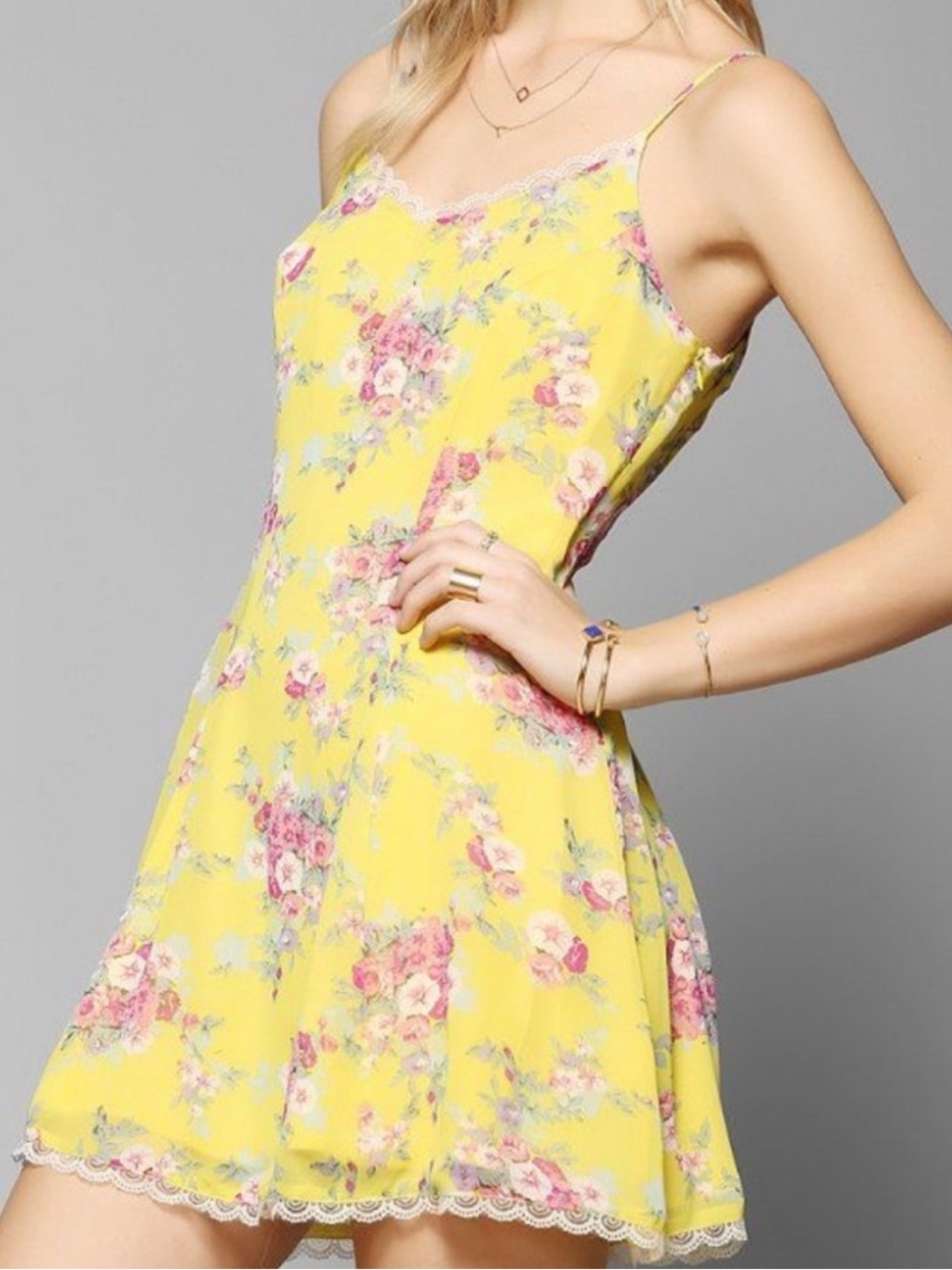 UO Lucca Couture Yellow Floral Lace-Trim Slip Dress